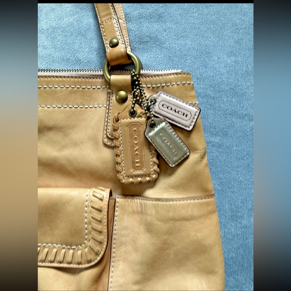Coach Poppy Whipstitch Natural Leather Brass Glam Tote Purse Large Shoulder Bag - Picture 2 of 16